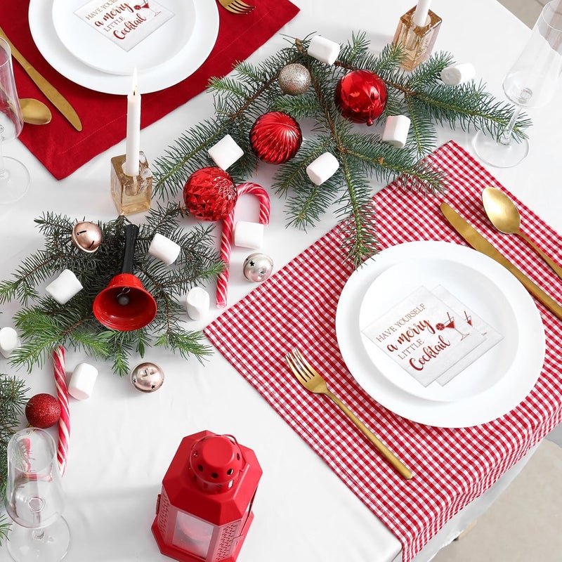 LeZakaa 50Pcs Christmas Cocktail Napkin, Have Yourself a Merry Little Cocktail Red Gold Foil Design, 3-Ply Dinner Napkins Square Disposable Guest Paper, Table Décor and Party Supplies, 6.5 x 6.5In - Image 3